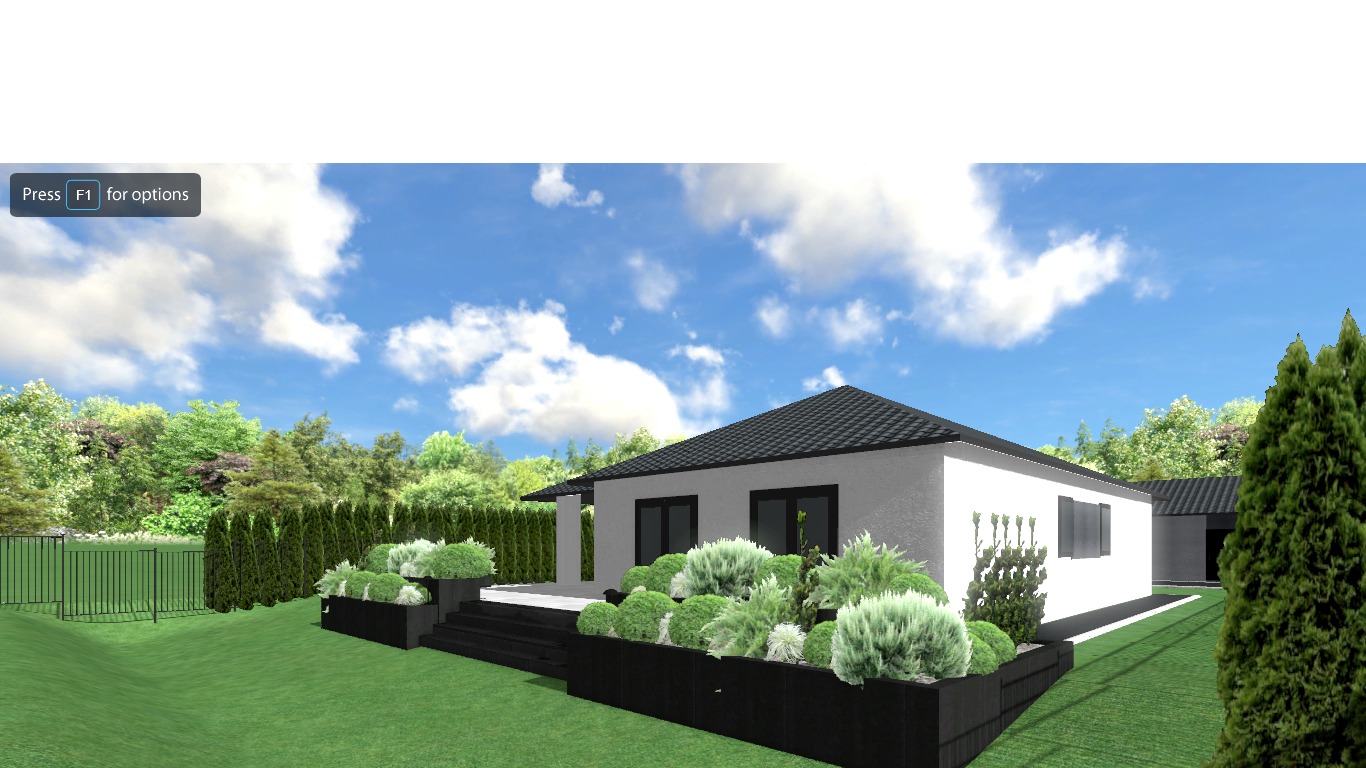 Wizualizacja ogrodu przy nowoczesnym domu z czarnymi donicami, schodami i tujami. Błękitne niebo z chmurami w tle.