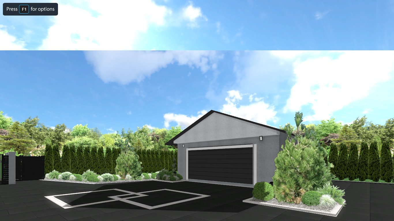 Wizualizacja zagospodarowania terenu z garażem i geometrycznym podjazdem, obramowanym niską zielenią i wysokimi tujami pod błękitnym niebem.