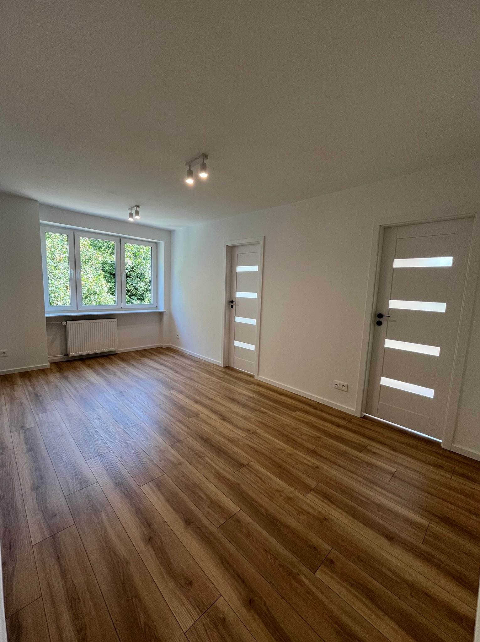 Jasne wnętrze po remoncie: drewnopodobna podłoga, białe ściany, okno z widokiem na zieleń i dwoje białych drzwi z przeszkleniami. Lampy sufitowe.