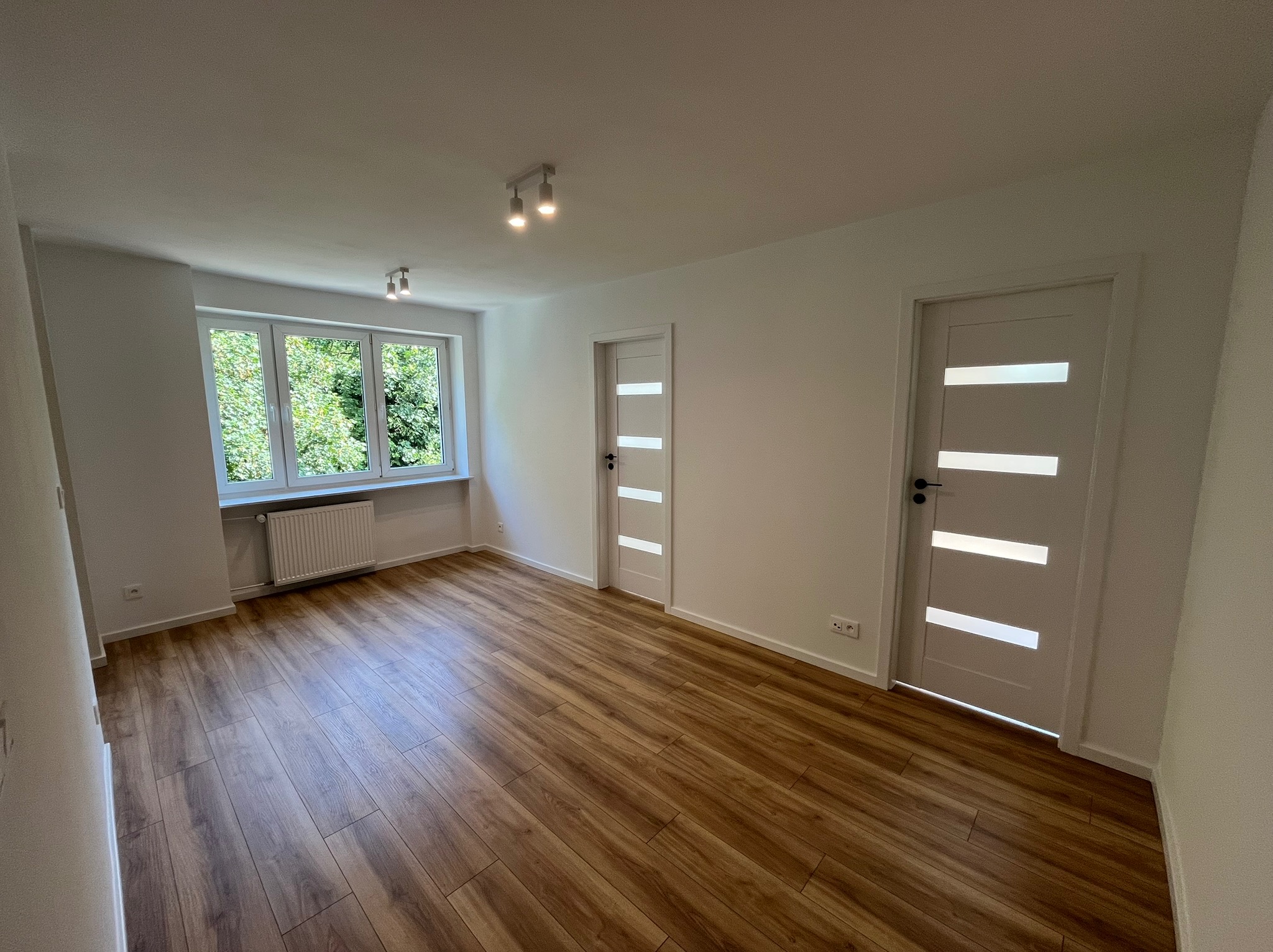 Wykończone wnętrze z drewnianą podłogą i białymi drzwiami w Kraśniku. Widok na okno z zielenią. Dwa punkty oświetleniowe na suficie. Nowoczesny i minimalistyczny design.