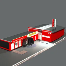 Model 3D budynku z napisem 'ALARMY' i 'Salon fryzjerski', z flagami na dachu, prezentowany w perspektywie izometrycznej na szarym tle.