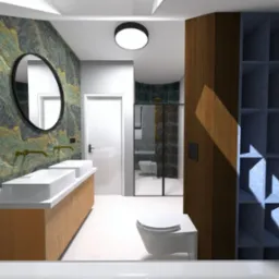 Wizualizacja łazienki z zielonymi marmurkowymi ścianami, podw&oacute;jną umywalką na drewnianej szafce i czarnym grzejnikiem drabinkowym. W tle kabina prysznicowa i toaleta.