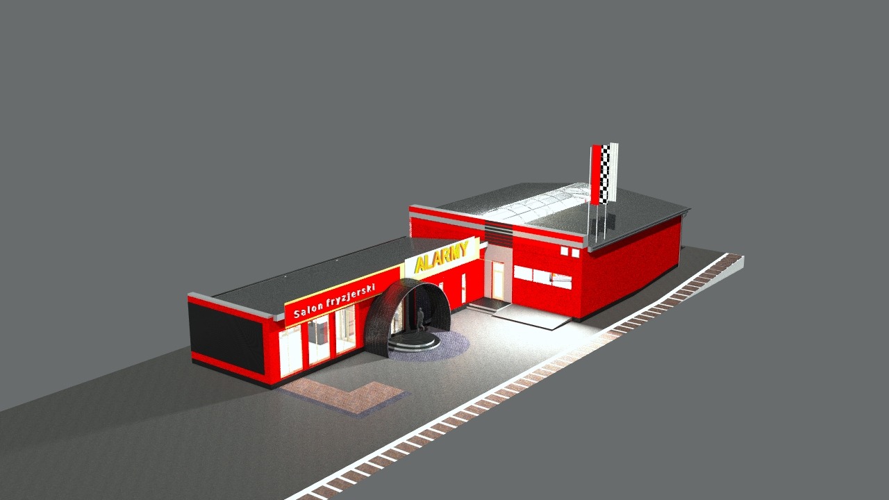 Model 3D budynku z napisem 'ALARMY' i 'Salon fryzjerski', z flagami na dachu, prezentowany w perspektywie izometrycznej na szarym tle.
