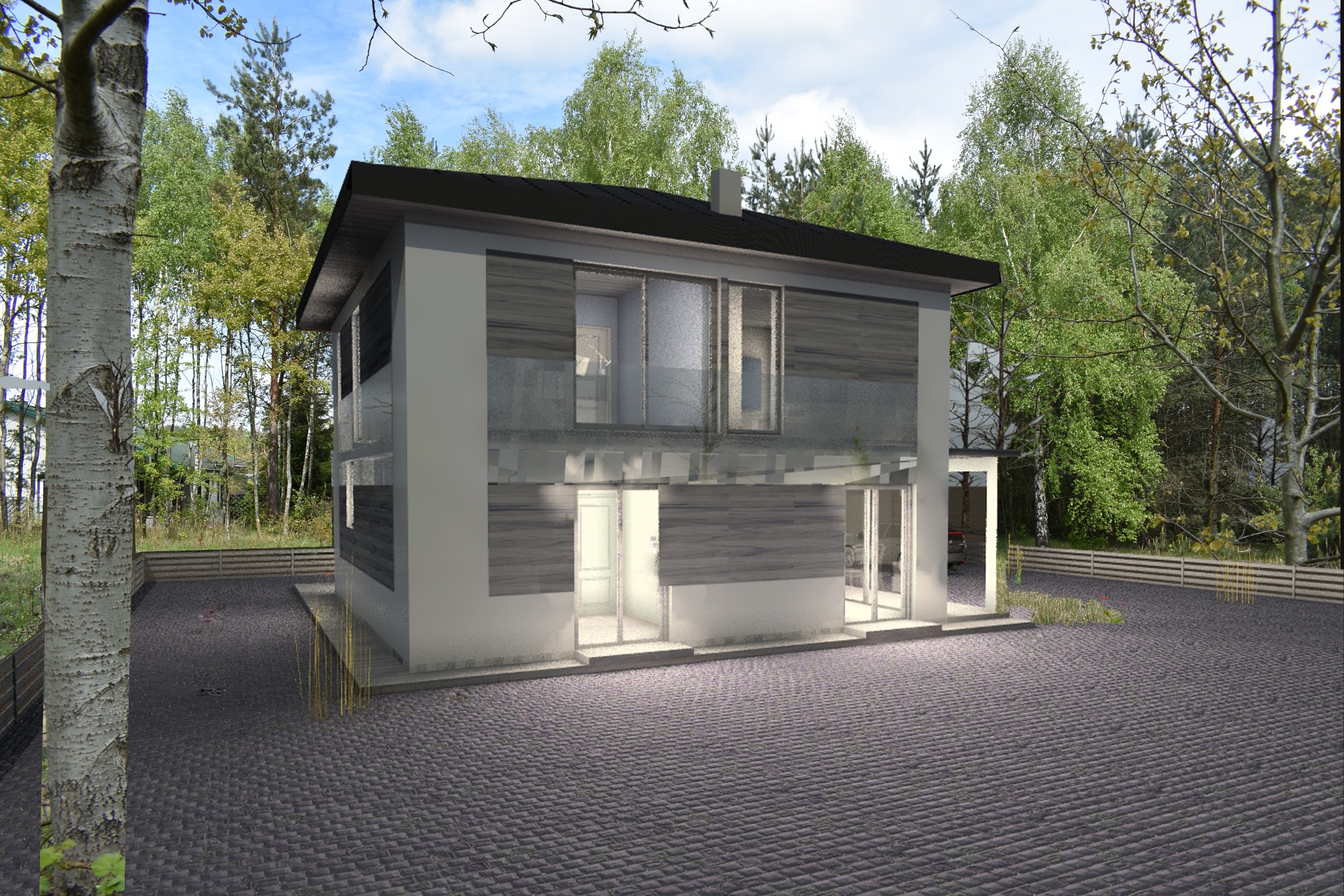 Wizualizacja dwukondygnacyjnego domu z płaskim dachem i dużymi przeszkleniami, otoczonego zielenią. Nowoczesna architektura z elementami drewna i jasną elewacją.