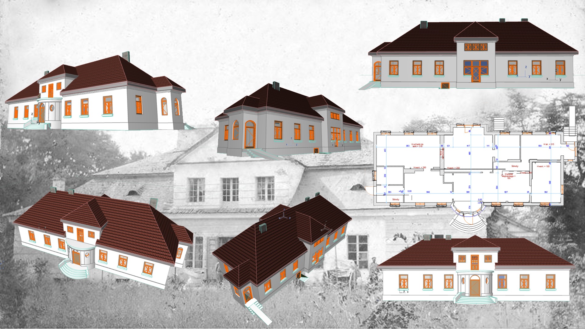 Kolaż prezentujący projekt domu w stylu dworkowym: wizualizacje 3D z różnych perspektyw oraz rzut poziomy budynku na tle zdjęcia istniejącego dworku.