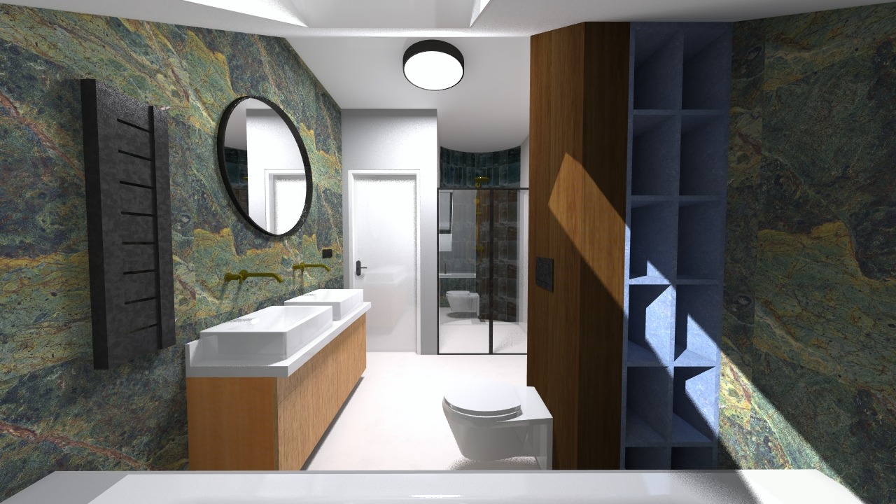 Wizualizacja łazienki z zielonymi marmurkowymi ścianami, podwójną umywalką na drewnianej szafce i czarnym grzejnikiem drabinkowym. W tle kabina prysznicowa i toaleta.