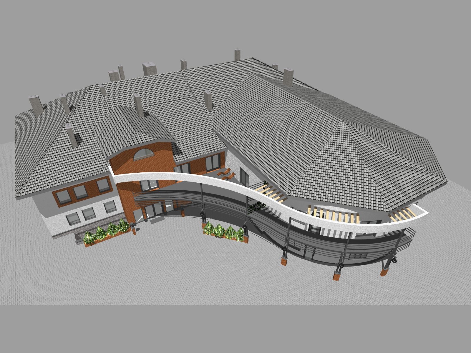 Wizualizacja 3D domu z szarą dachówką, dużym balkonem i elementami ceglanymi, zieleń w donicach. Widok z góry, perspektywa ukośna.