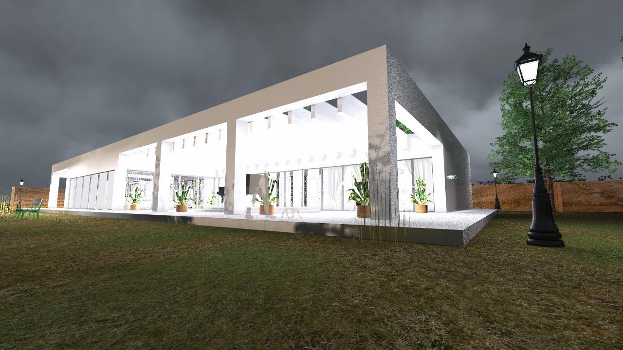 Wizualizacja parterowego domu z płaskim dachem, dużymi oknami i roślinami w donicach. Na pierwszym planie trawnik i stylizowana latarnia.