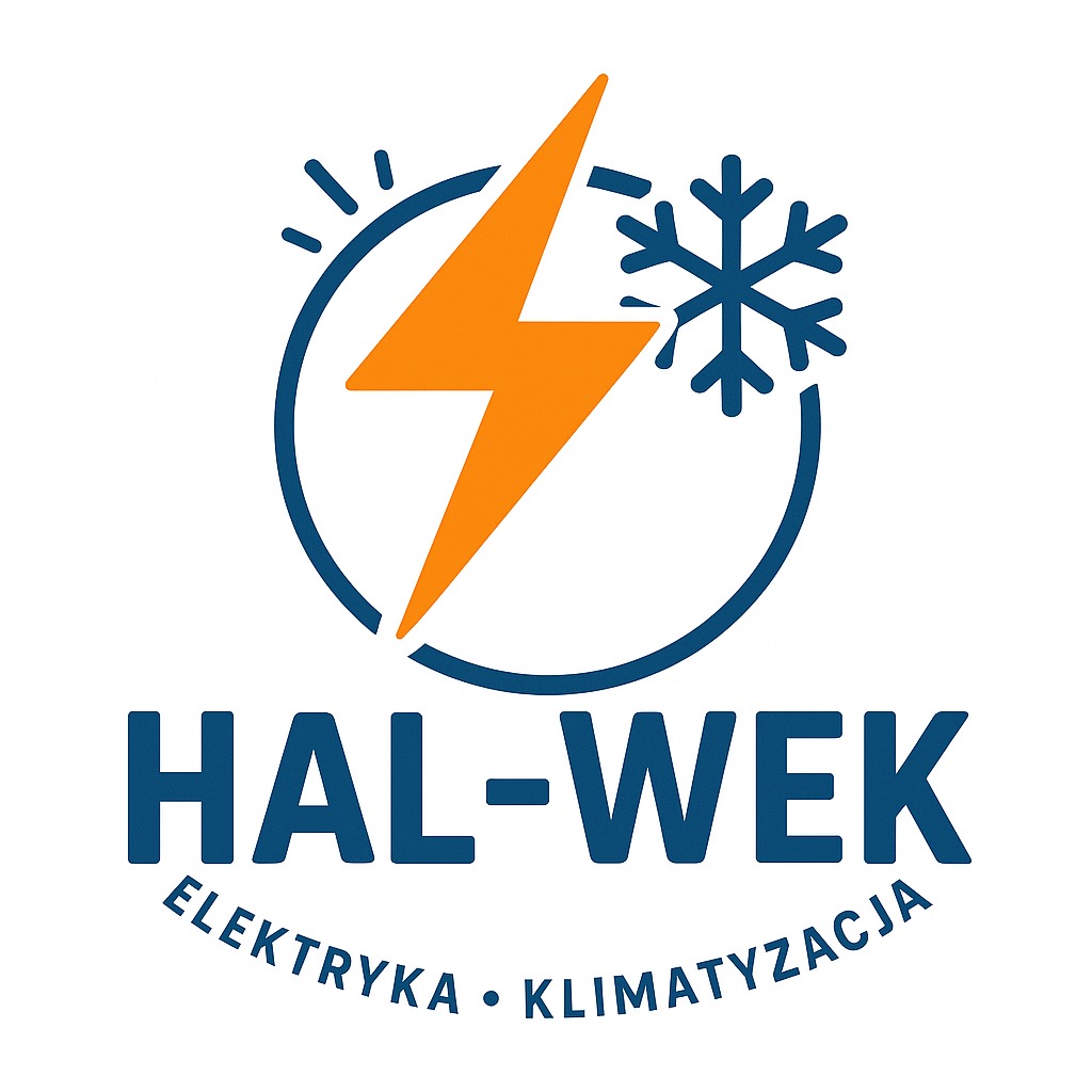Logo firmy HAL-WEK: niebieski okrąg z pomarańczowym piorunem i niebieską śnieżynką, poniżej nazwa firmy i napis 'Elektryka • Klimatyzacja'.