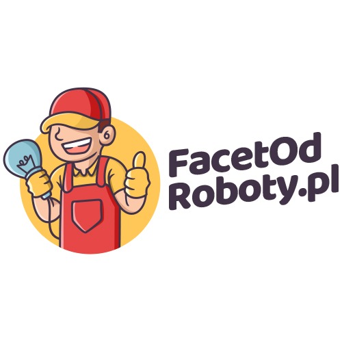 Ilustracja: Uśmiechnięty majsterkowicz w czerwonym kombinezonie trzyma żarówkę i pokazuje kciuk w górę, obok logo 'FacetOdRoboty.pl'.