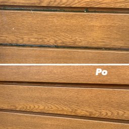 Efekt przed i po myciu elewacji (w tym wypadku metalowej)