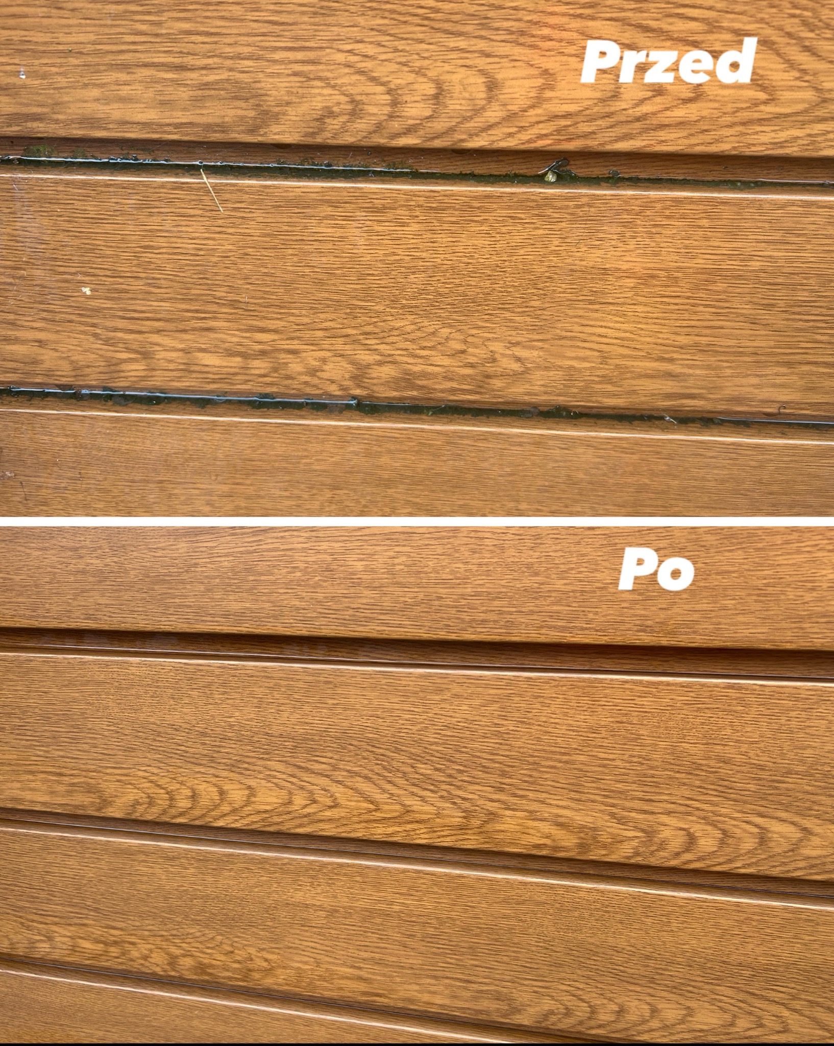 Efekt przed i po myciu elewacji (w tym wypadku metalowej)