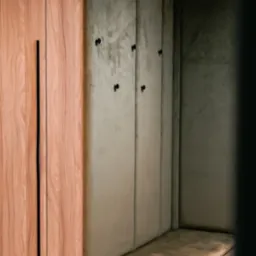 Drewniana szafa z długim, czarnym uchwytem sąsiaduje z tapicerowaną wnęką z siedziskiem i wieszakami. Nowoczesny design, stonowana kolorystyka.