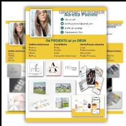creARTive - Portfolio graficzne Aurelii Puente: logo, wizytówki, grafika reklamowa, social media, identyfikacja wizualna. Żółte tło, zdjęcia realizacji, dane kontaktowe.
