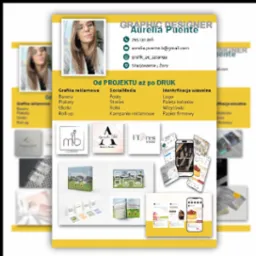 Portfolio graficzne Aurelii Puente: logo, wizytówki, grafika reklamowa, social media, identyfikacja wizualna. Żółte tło, zdjęcia realizacji, dane kontaktowe.