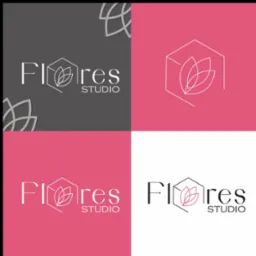 Kreatywne logo 'Flores Studio' w czterech wariantach kolorystycznych, prezentujące minimalistyczny design z motywem roślinnym w heksagonie.