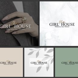 creARTive - Wizualizacje logo 'The Girl House - Wiktoria Gut Nails' w różnych wariantach kolorystycznych i kompozycyjnych. Elegancki font, subtelne tła, nowoczesny design.