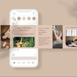 creARTive - Grafika z układem postów z Instagrama o jodze: przeciwwskazania, wpływ na życie, joga w ciąży i trudność. Estetyczny układ w neutralnej kolorystyce.