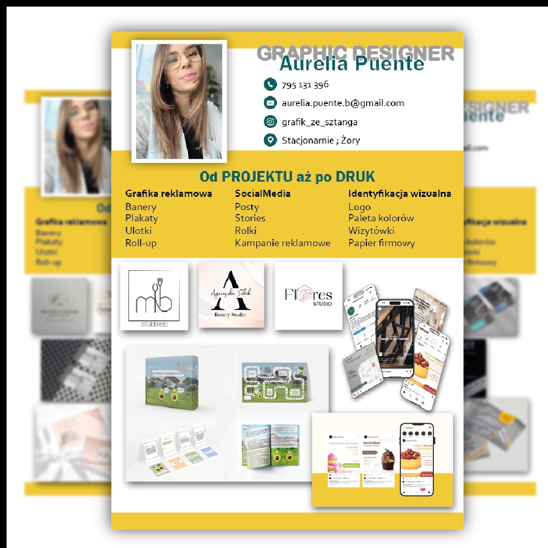 Portfolio graficzne Aurelii Puente: logo, wizytówki, grafika reklamowa, social media, identyfikacja wizualna. Żółte tło, zdjęcia realizacji, dane kontaktowe.