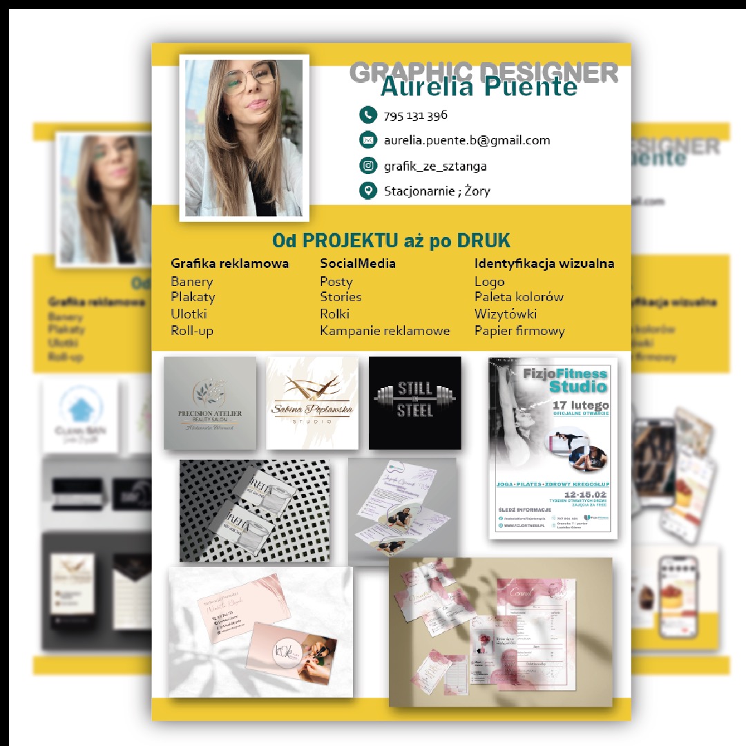 Portfolio graficzne Aurelii Puente: logo, wizytówki, ulotki, plakaty, identyfikacja wizualna, reklama w social mediach. Żółte tło, kontakt. Różnorodne projekty.