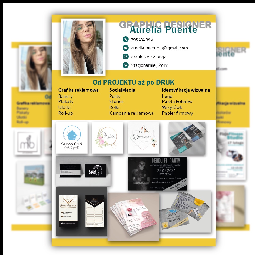 Portfolio graficzne Aurelii Puente: wizytówki, logo, ulotki, plakaty, identyfikacja wizualna, grafika reklamowa i kampanie w social mediach. Różnorodne projekty graficzne.