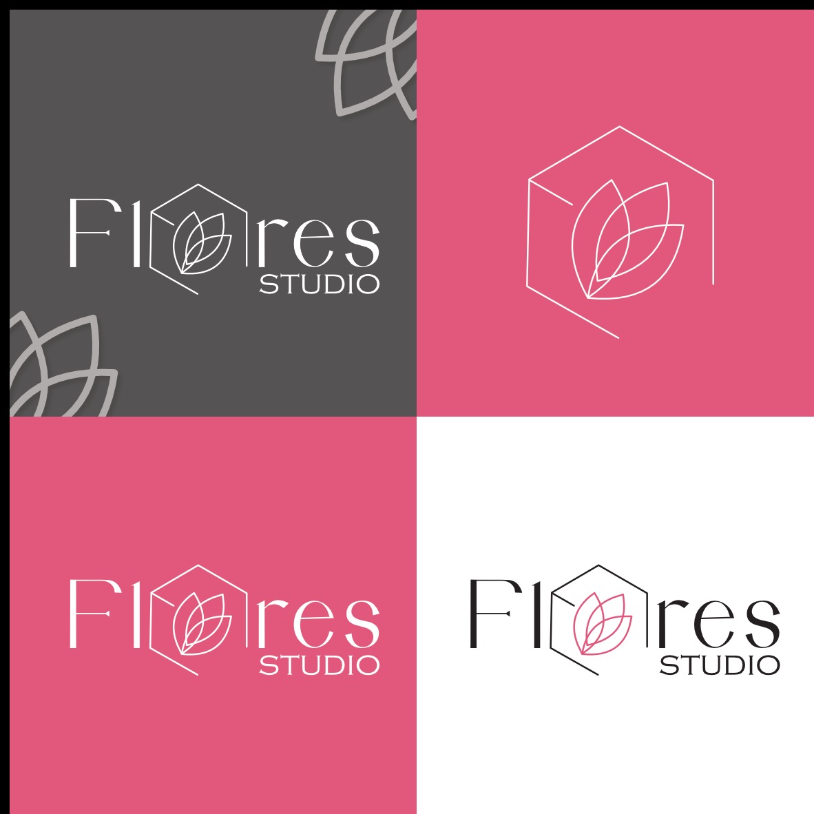 Kreatywne logo 'Flores Studio' w czterech wariantach kolorystycznych, prezentujące minimalistyczny design z motywem roślinnym w heksagonie.