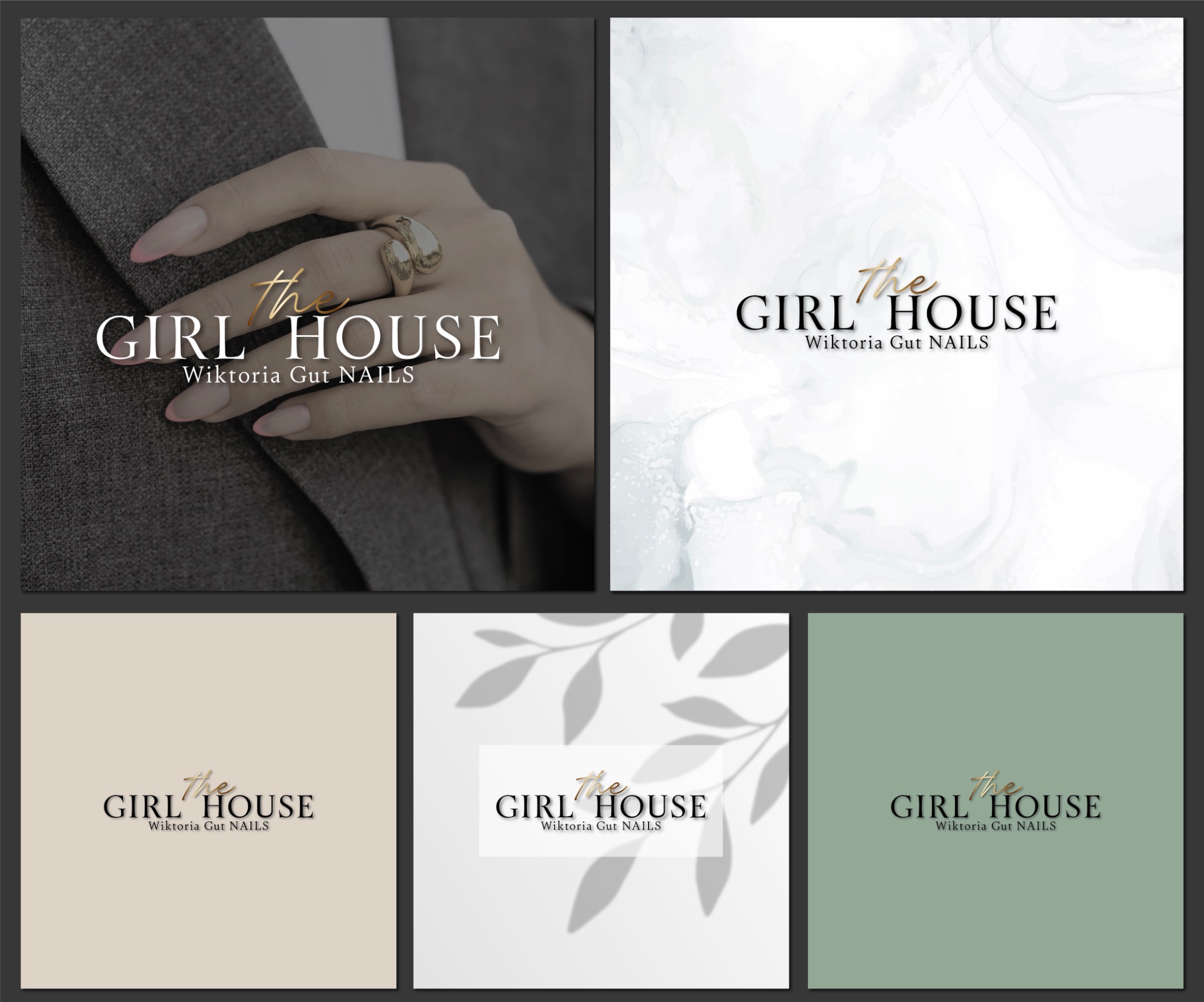Wizualizacje logo 'The Girl House - Wiktoria Gut Nails' w różnych wariantach kolorystycznych i kompozycyjnych. Elegancki font, subtelne tła, nowoczesny design.