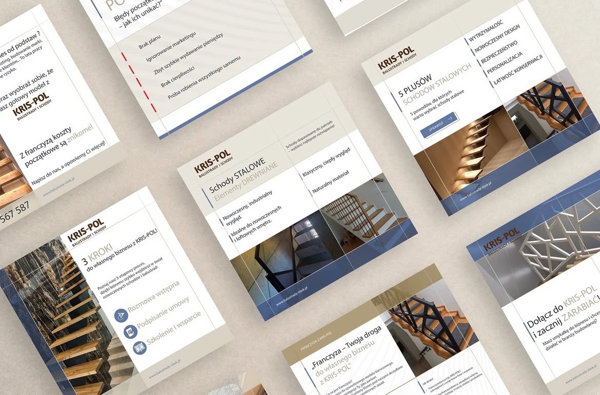 Układ ulotek reklamowych firmy Kris-Pol, specjalizującej się w balustradach i schodach stalowych oraz drewnianych. Widoczne różne wzory i formaty ulotek.