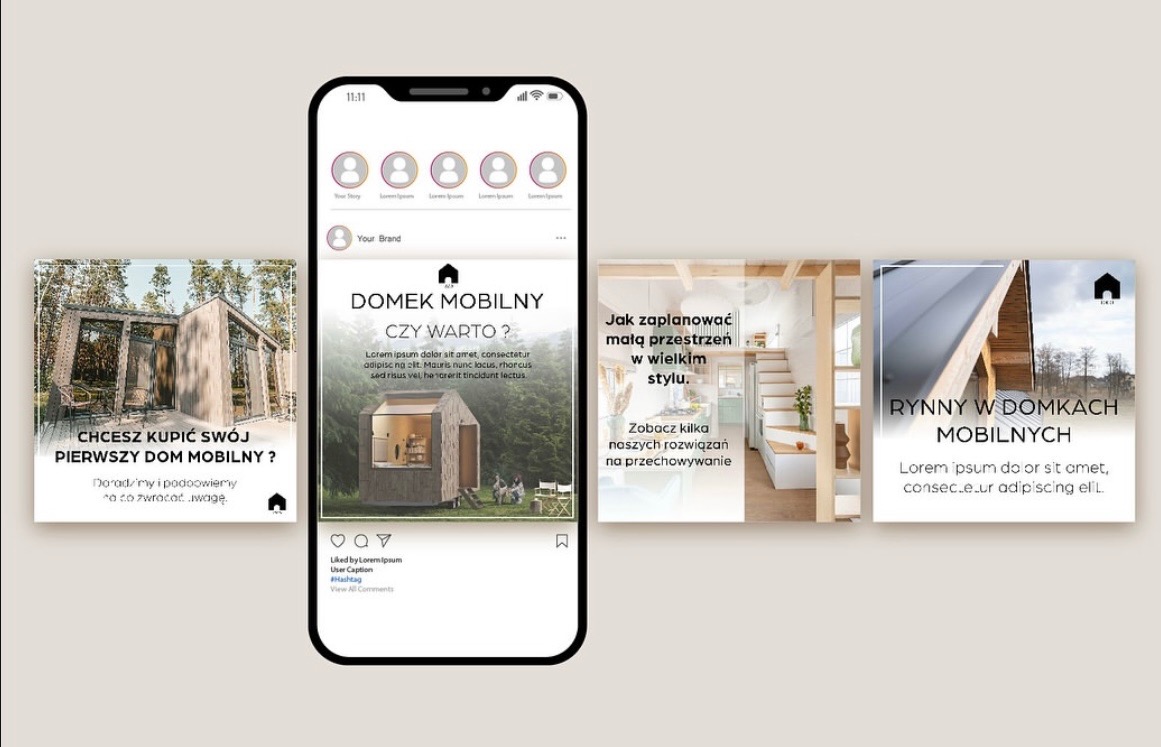 Prezentacja postów na Instagramie, promujących domki mobilne. Na ekranie telefonu widoczne zdjęcia domków, aranżacje wnętrz i hasła reklamowe w beżowo-białej kolorystyce.