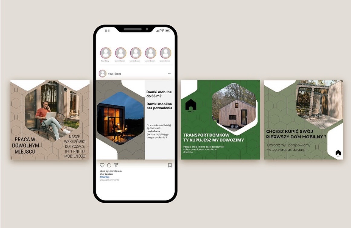 Mockup postu w social mediach prezentujący ofertę domków mobilnych. Grafika z hasłami: praca w dowolnym miejscu, transport domków, pierwszy dom mobilny.