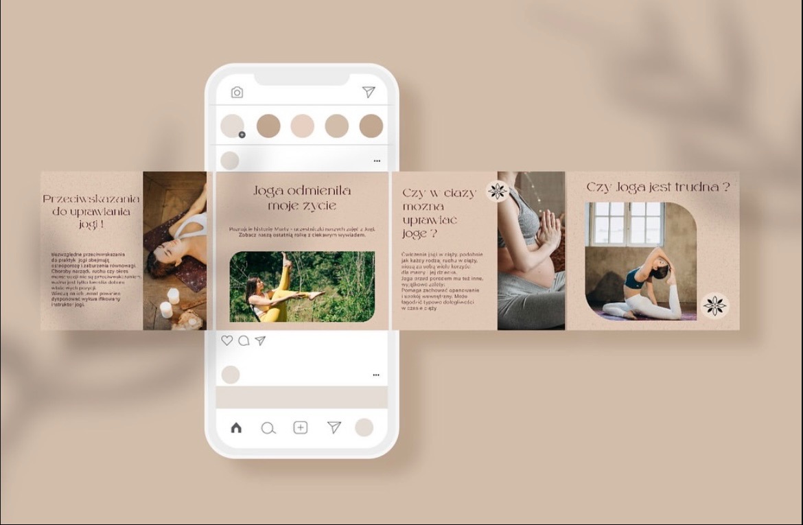 Grafika z układem postów z Instagrama o jodze: przeciwwskazania, wpływ na życie, joga w ciąży i trudność. Estetyczny układ w neutralnej kolorystyce.