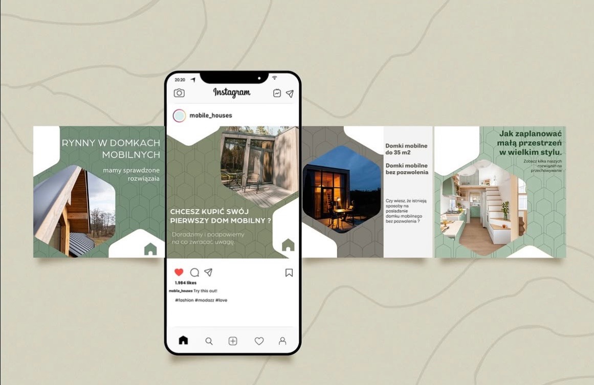 Mockup telefonu z karuzelą postów Instagrama firmy mobile_houses, prezentującą domki mobilne w różnych odsłonach i porady dotyczące ich zakupu.