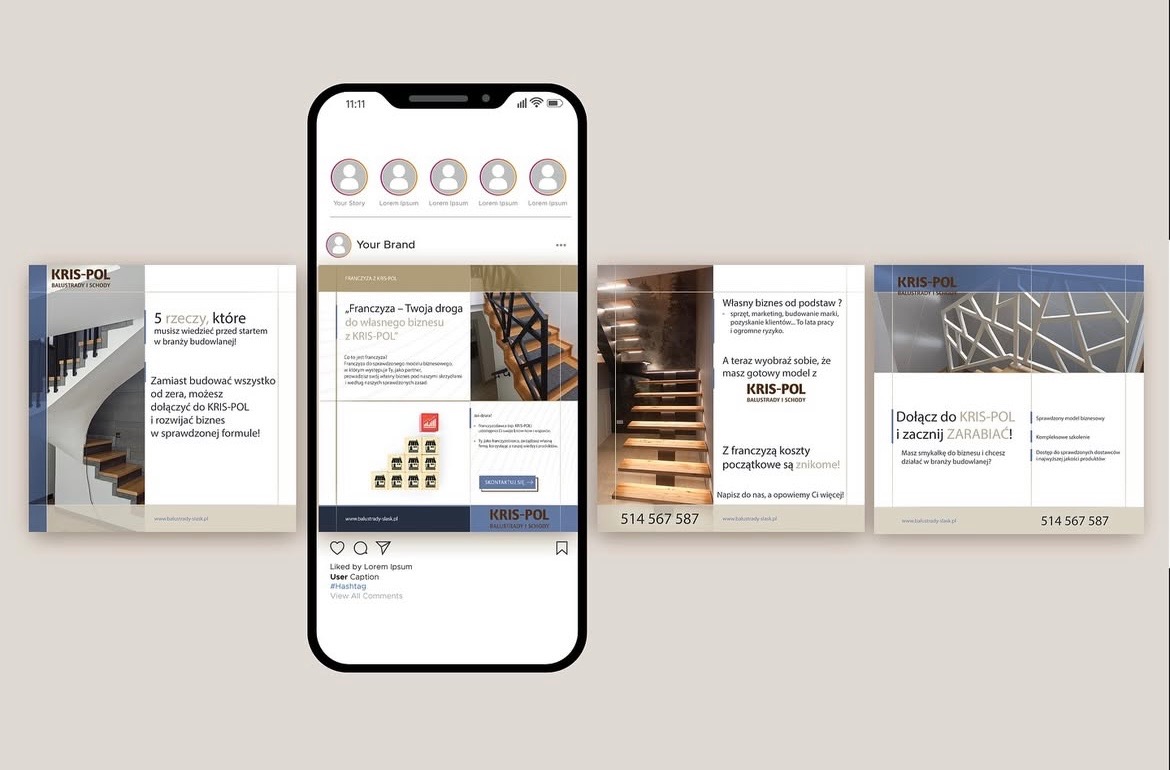 Smartfon wyświetla posty z Instagrama firmy KRIS-POL, prezentujące balustrady i schody. Posty mają spójny branding i zachęcają do franczyzy.