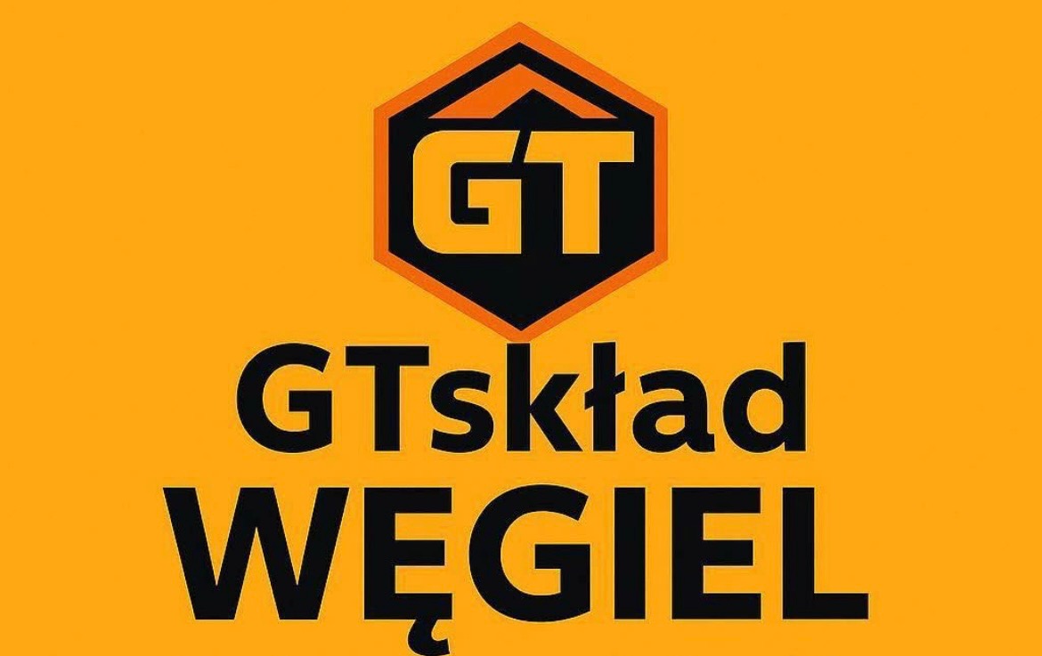 Żółte tło z logo GTskład WĘGIEL w czarnej obwódce. Logo zawiera napis GT w heksagonie. Grafika reklamowa składu węgla.