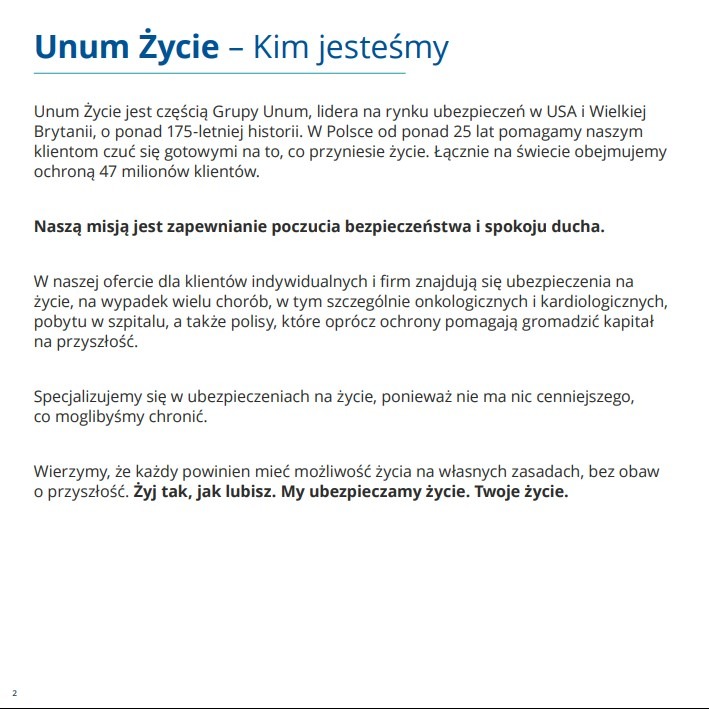 Tekst informacyjny o Unum Życie, podkreślający misję zapewniania bezpieczeństwa i spokoju ducha poprzez ubezpieczenia na życie i inne polisy.