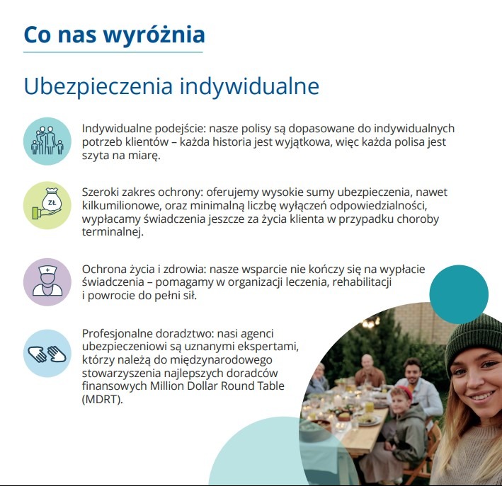 Reklama ubezpieczeń indywidualnych: hasła, ikony i zdjęcie rodziny przy stole. Profesjonalne doradztwo, szeroki zakres ochrony, ochrona życia i zdrowia.