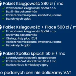 Pakiety księgowe w Rumii: prowadzenie księgowości, obsługa płac i ZUS, rozliczenia VAT. Atrakcyjne ceny, bez ukrytych opłat. Oferta dla spółek z o.o.