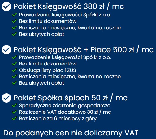 Pakiety księgowe w Rumii: prowadzenie księgowości, obsługa płac i ZUS, rozliczenia VAT. Atrakcyjne ceny, bez ukrytych opłat. Oferta dla spółek z o.o.