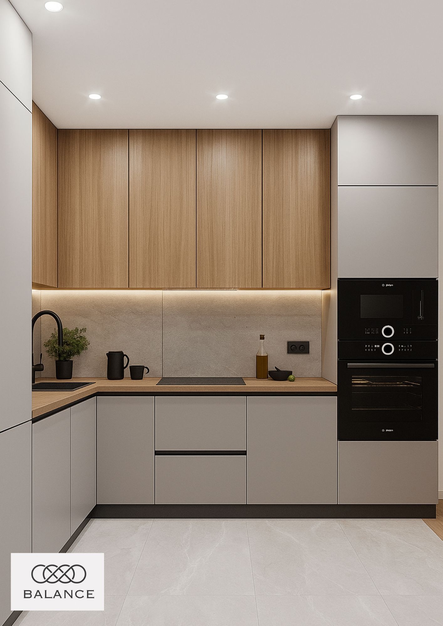 Nowoczesna kuchnia z drewnianymi szafkami górnymi i szarymi dolnymi, czarną armaturą i sprzętem AGD. Minimalistyczny design z oświetleniem LED pod szafkami.