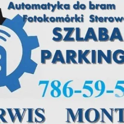 Grafika: Automatyka do bram, piloty, fotokomórki, szlabany parkingowe. Stylizowane koło zębatę i pilot. Numer telefonu do kontaktu. Serwis i montaż.