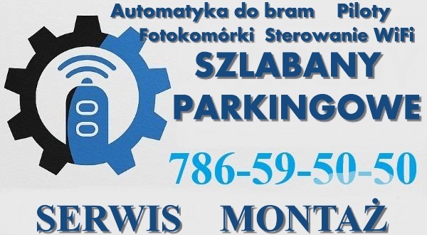 Grafika: Automatyka do bram, piloty, fotokomórki, szlabany parkingowe. Stylizowane koło zębatę i pilot. Numer telefonu do kontaktu. Serwis i montaż.