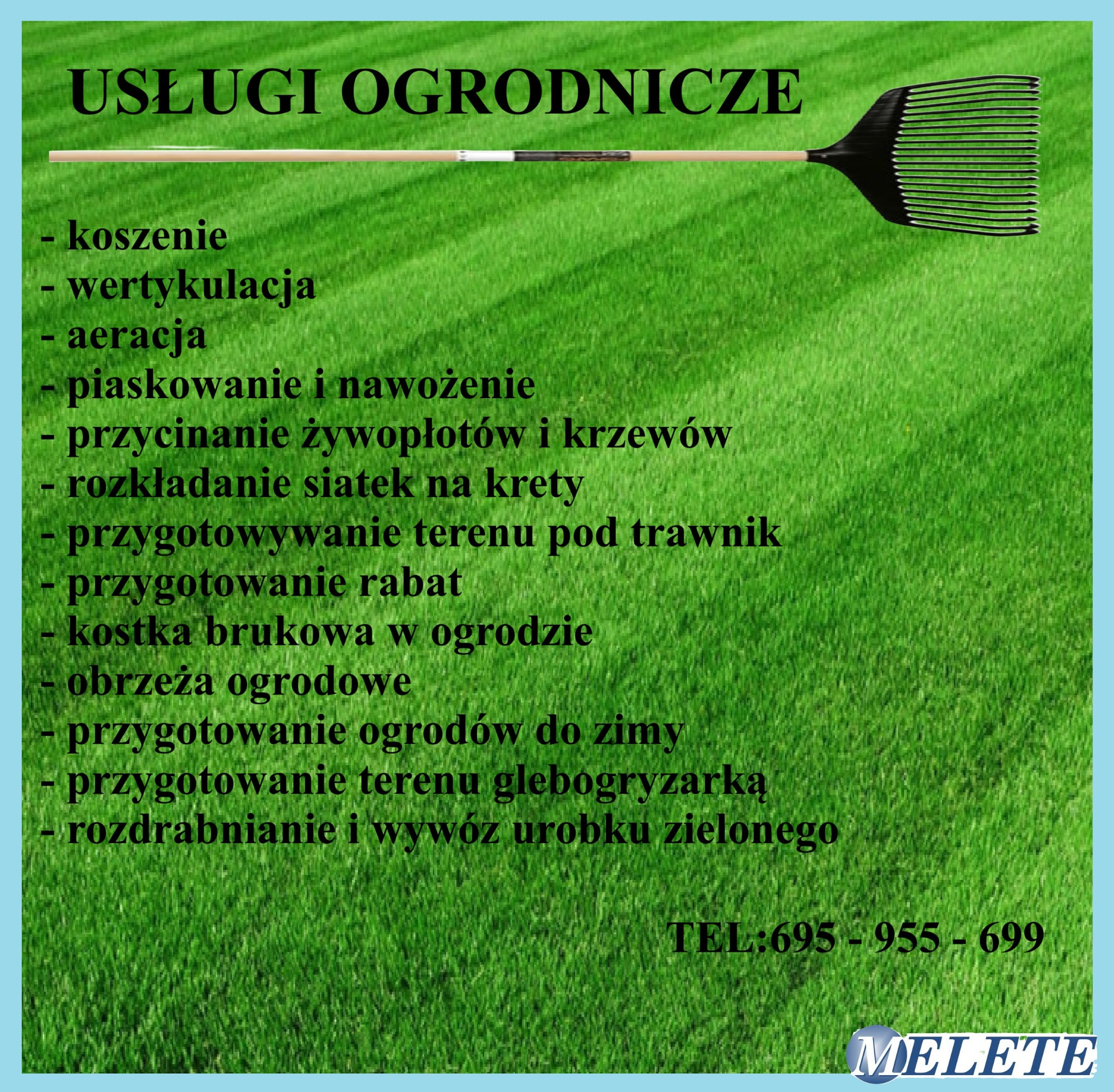 Grafika z grabiami wachlarzowymi na tle trawy, prezentująca usługi ogrodnicze: koszenie, wertykulację, aerację, nawożenie, przygotowanie rabat i inne.