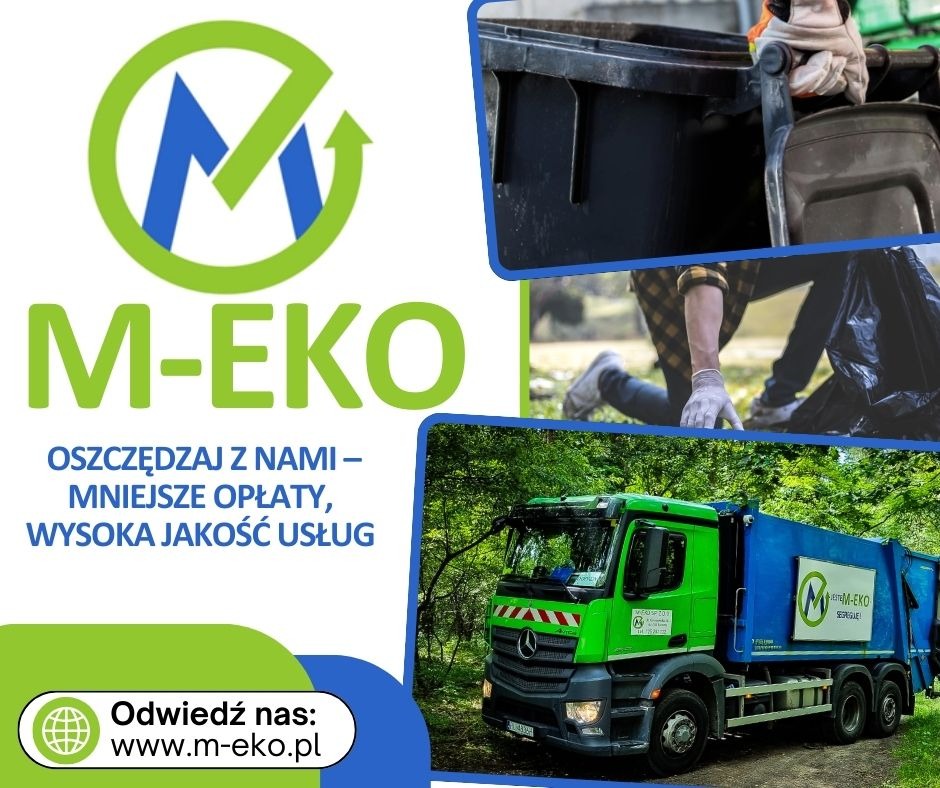 Kompozycja z logo M-EKO, pracownikiem zbierającym odpady i zielono-niebieską śmieciarką na leśnej drodze, promująca usługi oszczędnościowe i wysoką jakość.
