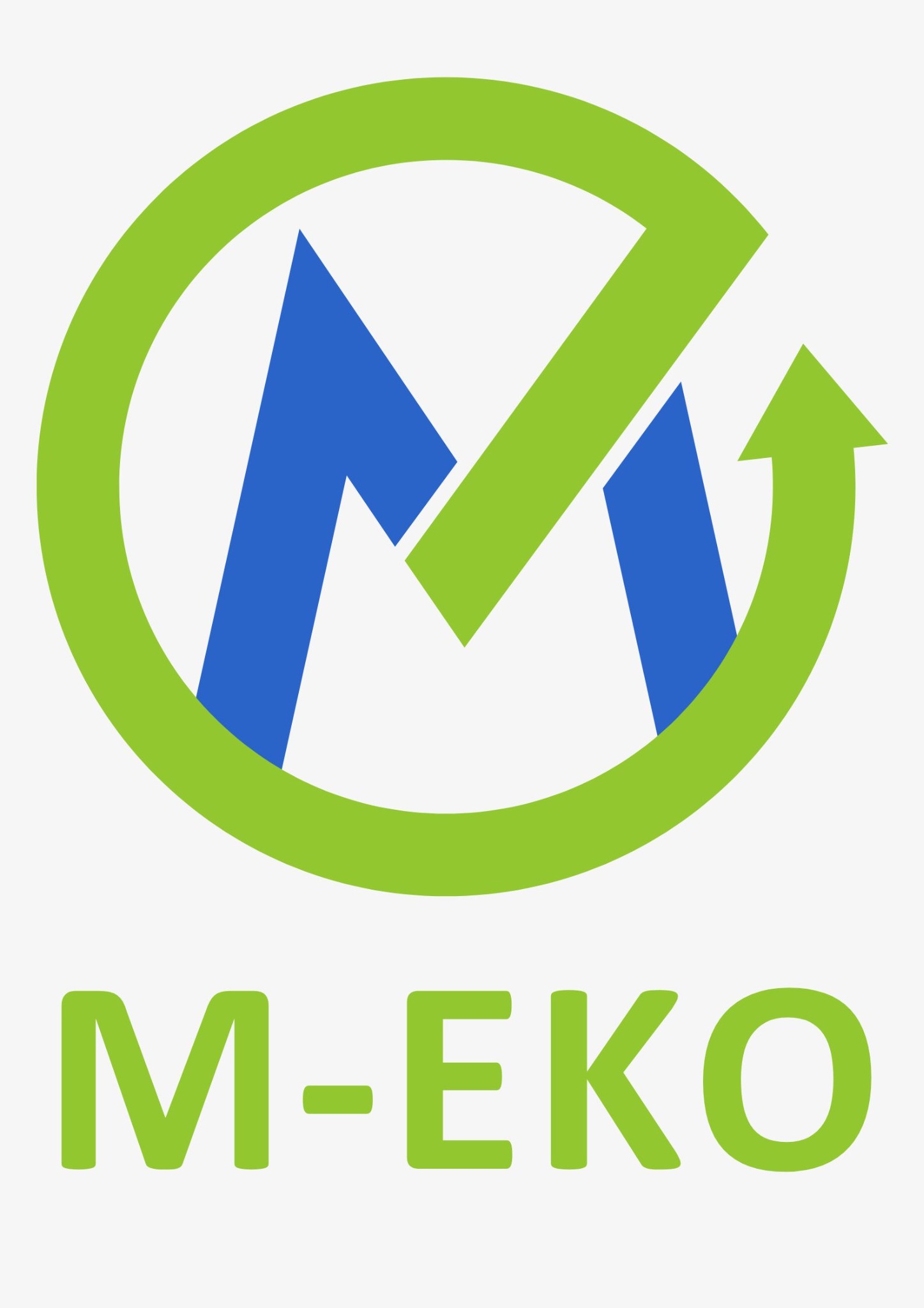Logo firmy M-EKO: niebieska litera M otoczona zielonym okręgiem ze strzałką. Tekst 'M-EKO' w kolorze zielonym pod logotypem. Minimalistyczny design na białym tle.