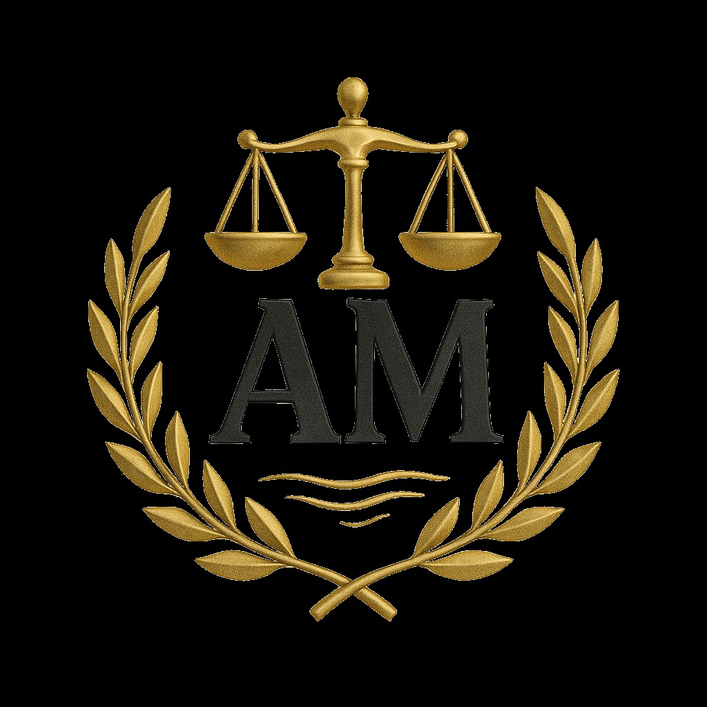 Złoty symbol kancelarii: waga sprawiedliwości nad inicjałami 'AM' w wieńcu laurowym na czarnym tle. Elegancki znak graficzny.