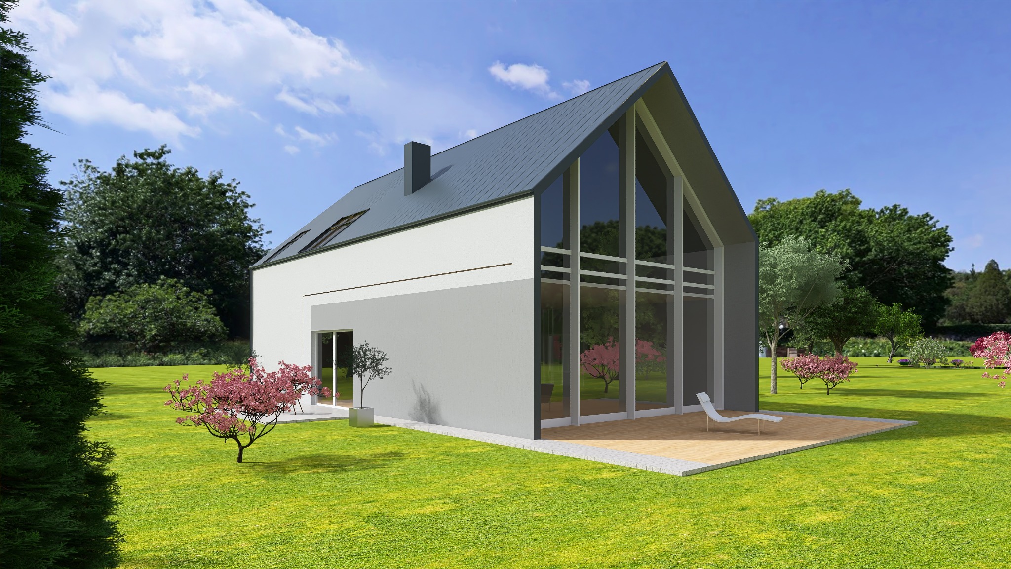 Nowoczesny dom z dużymi przeszkleniami, szarym dachem i jasną elewacją, otoczony zielonym trawnikiem i kwitnącymi drzewami. Minimalistyczny design i naturalne otoczenie.
