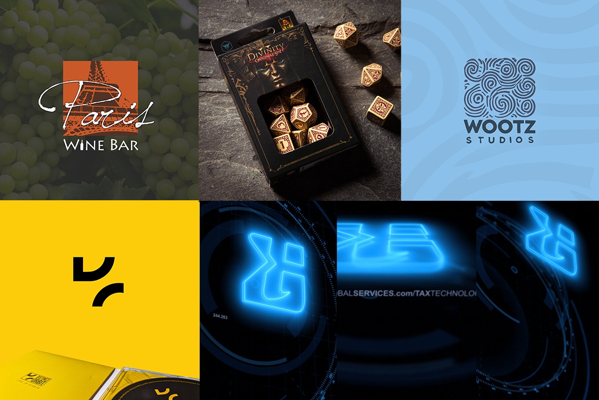 Kompozycja zróżnicowanych projektów logo: od klasycznego napisu 'Paris Wine Bar' po nowoczesne, neonowe znaki graficzne i abstrakcyjne wzory.