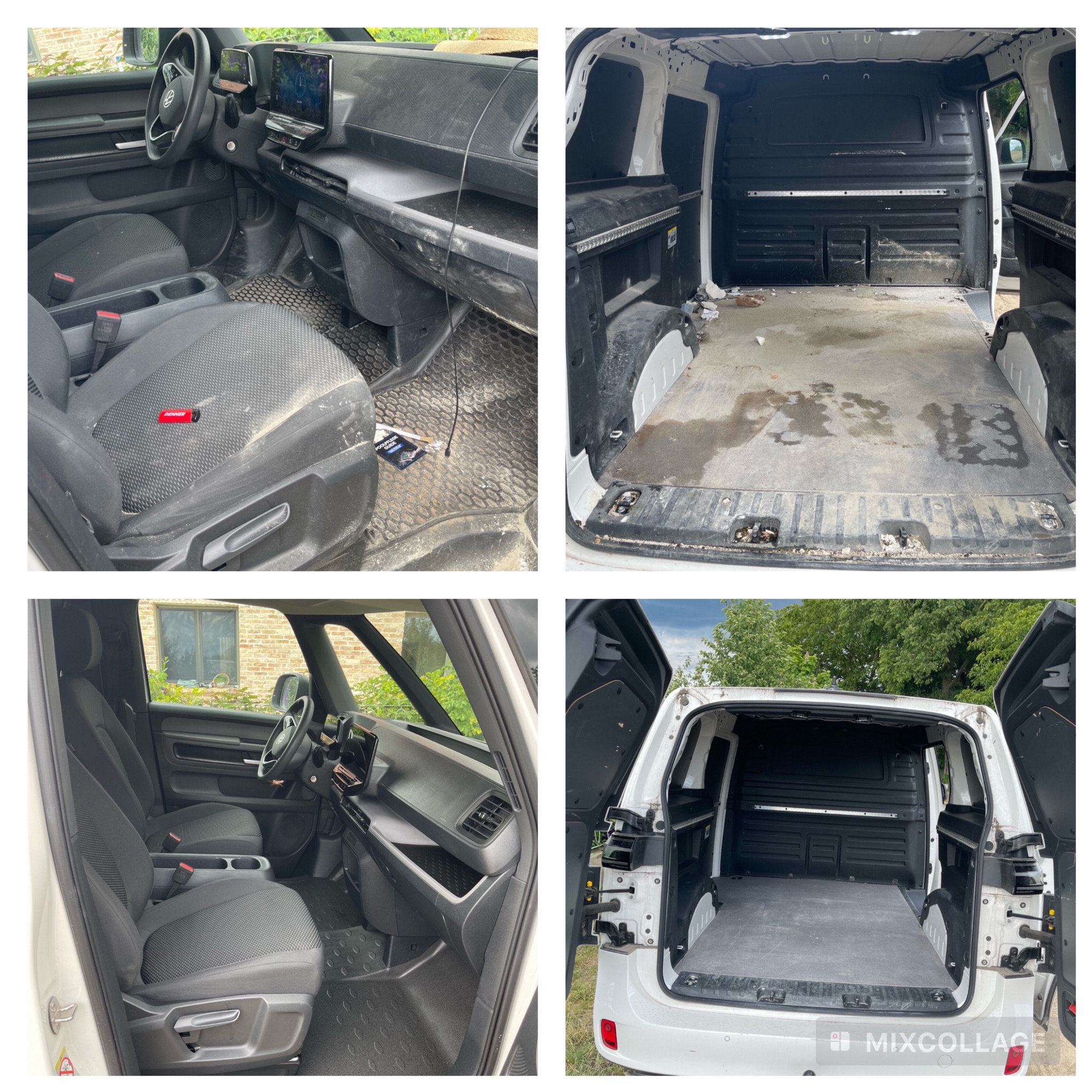 Kolaż zdjęć wnętrza i bagażnika brudnego, białego samochodu dostawczego przed czyszczeniem. Widoczne plamy, kurz i zabrudzenia na tapicerce, podłodze i elementach plastikowych.