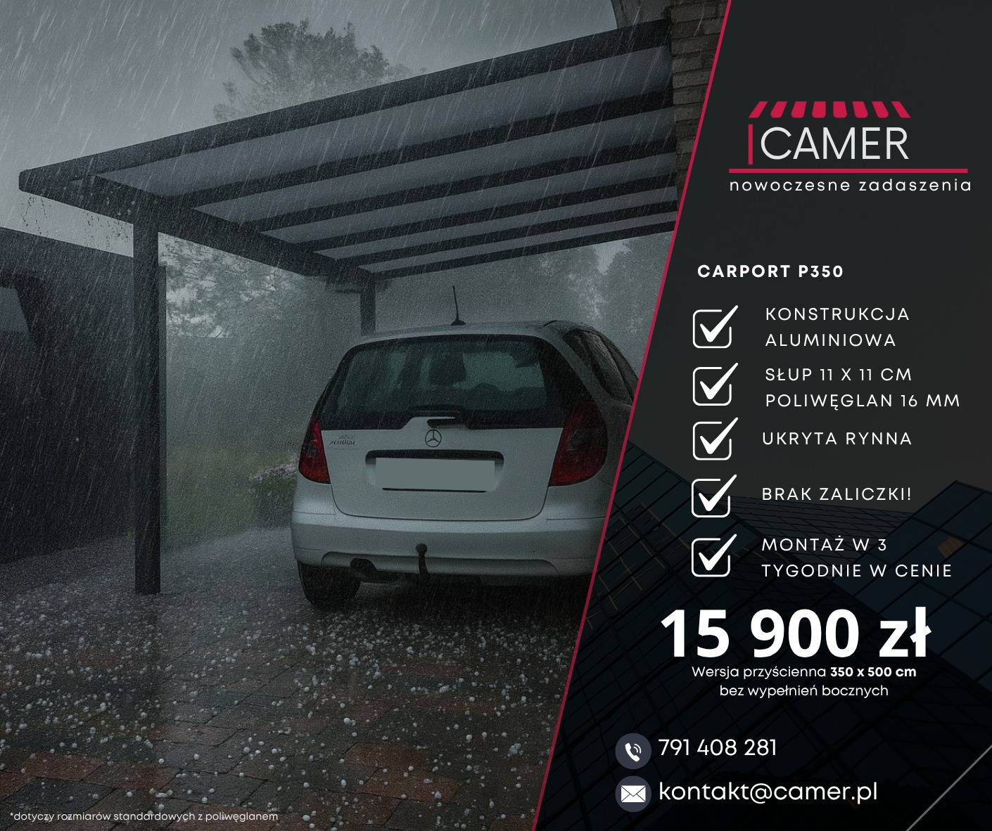 Carporty aluminiowe na 1 lub 2 samochody.