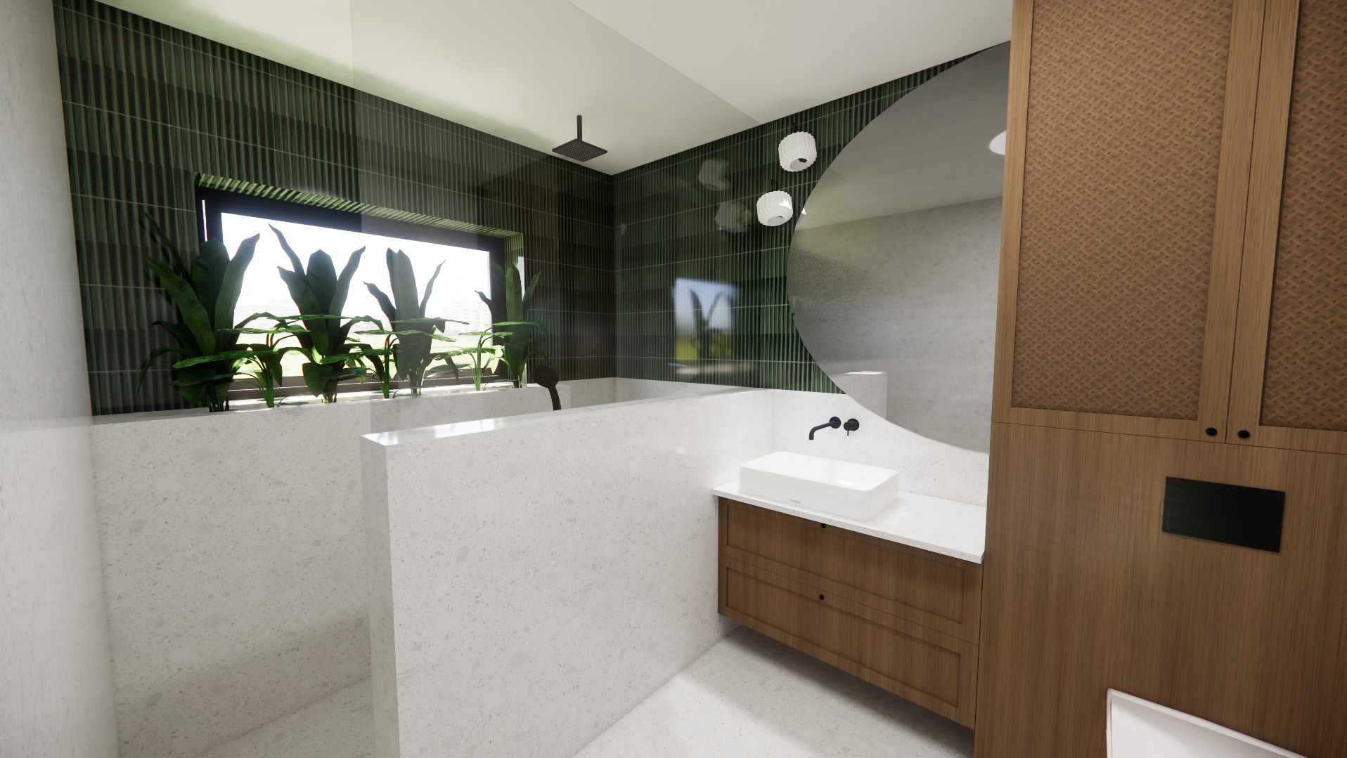 Nowoczesna łazienka z zieloną ścianą, roślinami w oknie i okrągłym lustrem. Umywalka z drewnianą szafką, minimalistyczna armatura. Całość w jasnych, stonowanych barwach.